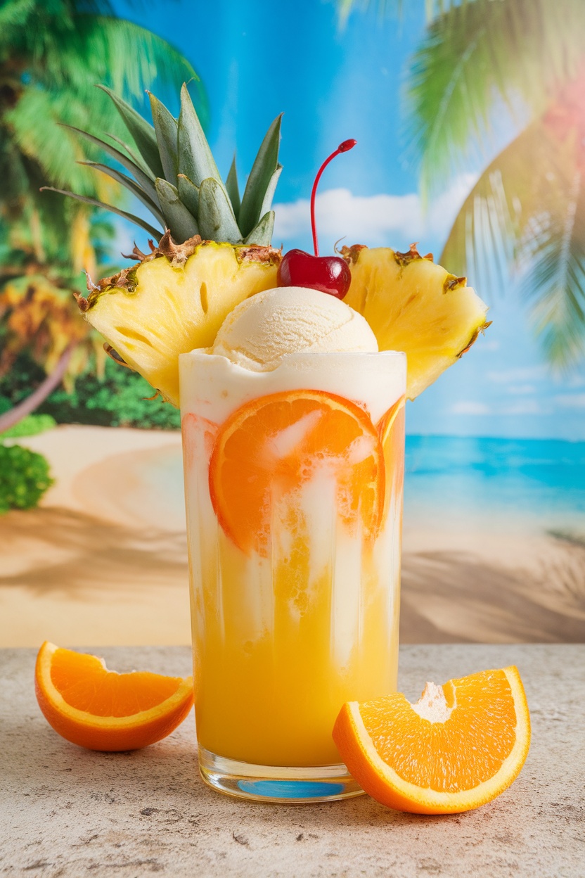 A tall glass of Tropical Paradise Float with layers of juice and vanilla ice cream, garnished with fruit, against a beach background.